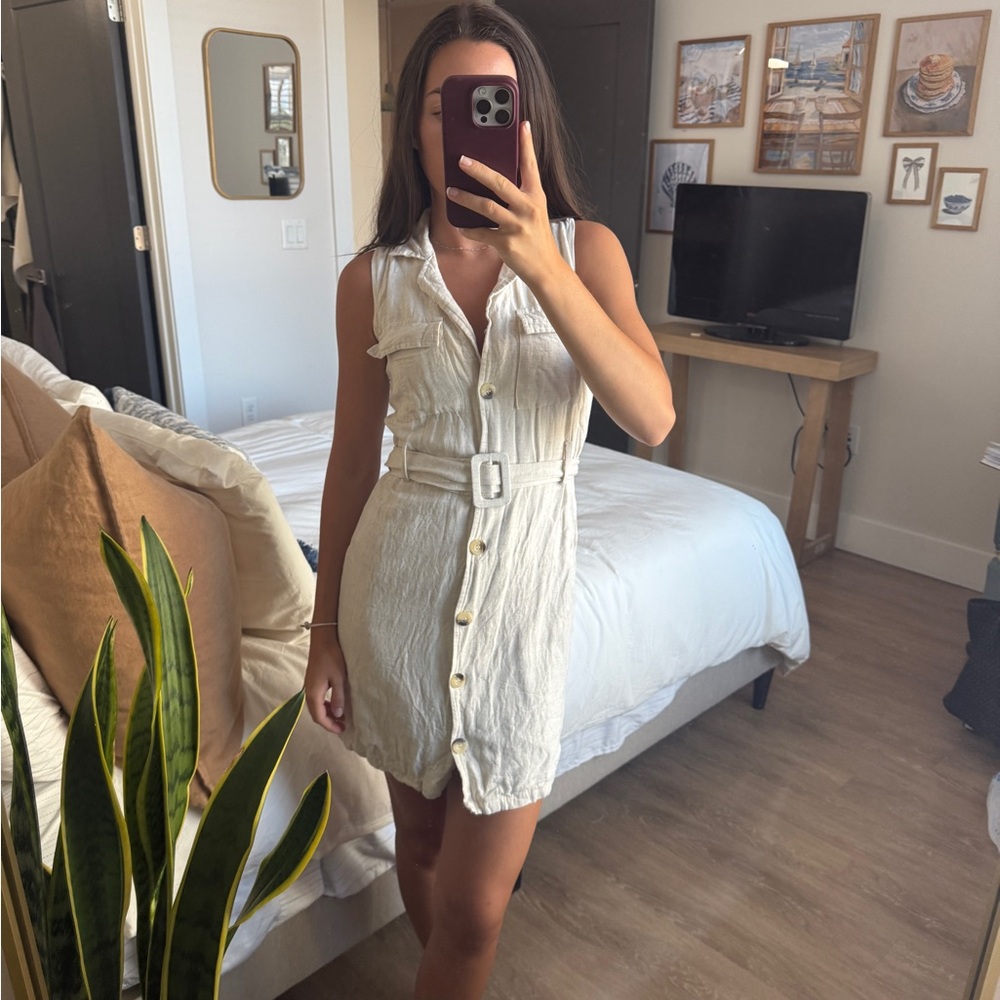 Cream linen button down dress